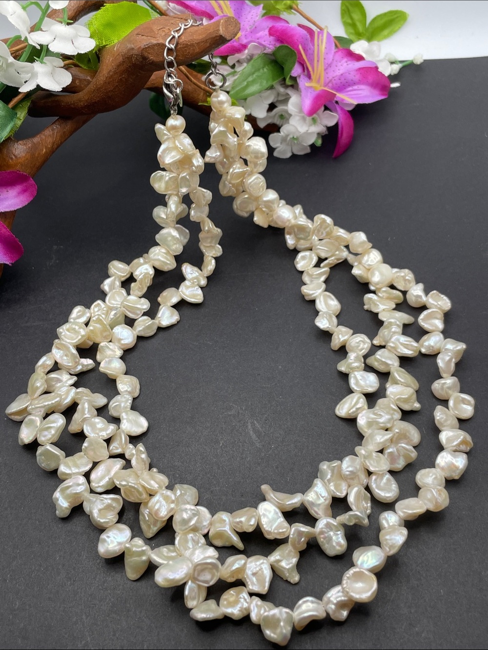 Lucas Lameth 925 Keshi Pearl 3 strand necklace vintage A23